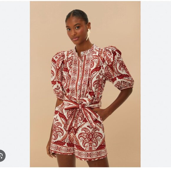 NWT Farm Rio Red and White Patterned Puff Sleeve Romper - Picture 1 of 7